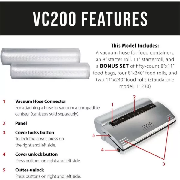 CASO VC 200 Black and Silver Food Vacuum Sealer with Fold-Out Cutter, Roll Box and Vacuum Bag Set