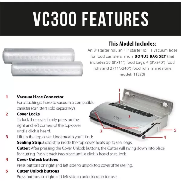 CASO VC 300 Black and Silver Food Vacuum Sealer with Food Management App and Vacuum Bag Set