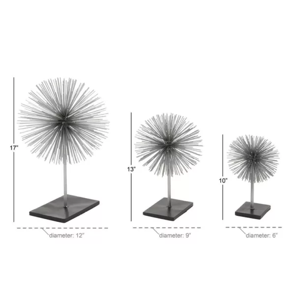 LITTON LANE Round Iron Metal Silver Starburst Sculptures with Stand (Set of 3)