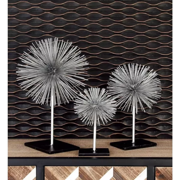 LITTON LANE Round Iron Metal Silver Starburst Sculptures with Stand (Set of 3)