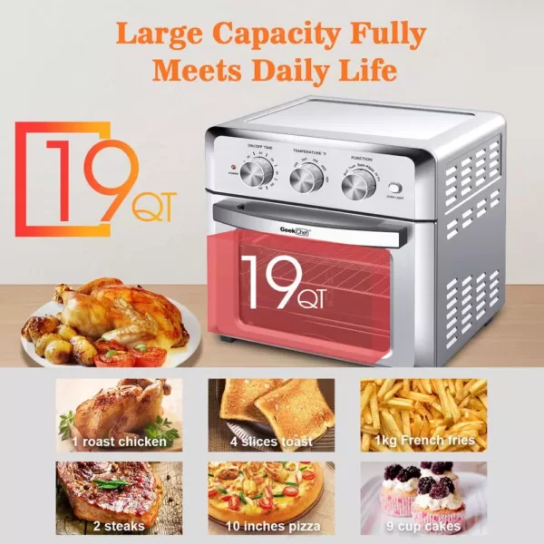 Boyel Living 19 Qt. Silver Stainless Steel Air Fryer Toaster Oven with Roast, Bake, Broil, Reheat, Accessories & Recipes Included