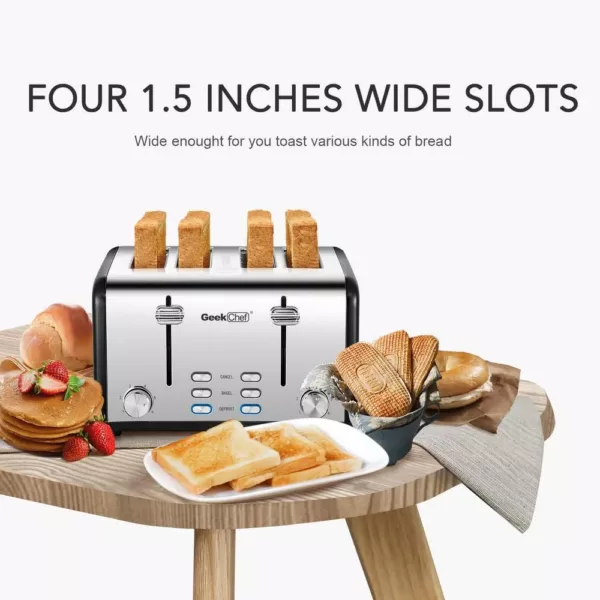 Boyel Living 1650 W 4-Slice Silver Wide Slot Toaster with Dual Control Panels of Bagel, Defrost and Cancel Function