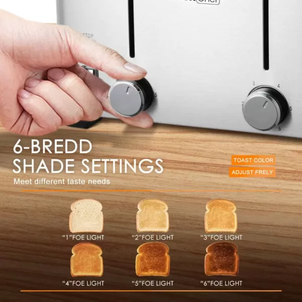 Boyel Living 1500 W 4-Slice Silver Wide Slot Toaster with 6 Bread Shade Settings and Removable Crumb Tray