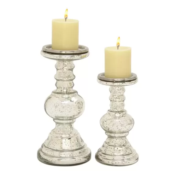 LITTON LANE Silver Glass Squat Ball Column Candle Holders (Set of 2)