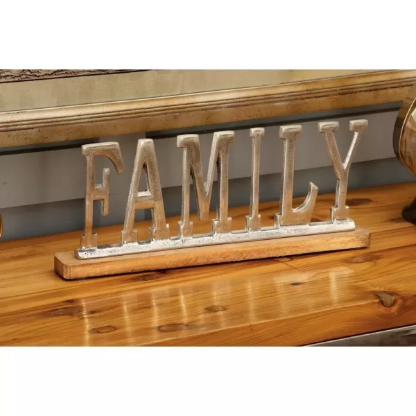 LITTON LANE 15 in. x 6 in. Silver Aluminum "FAMILY" Standing Sign on Oak Brown Wooden Base