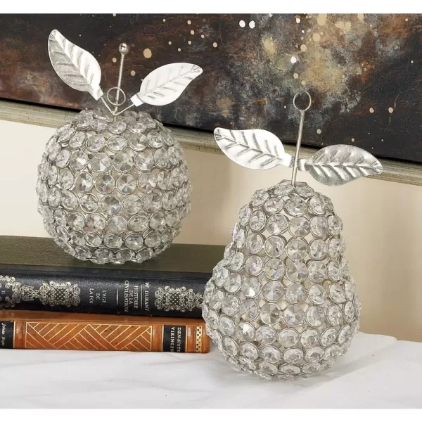 LITTON LANE 7 in. Silver Metal and Acrylic Rhinestone Apple and Pear Decor (Set of 2)