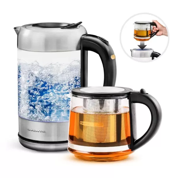 Ovente 7-Cup 1.7 l Silver Glass Electric Kettle with ProntoFill Technology-Fill Up with Lid On Glass Reusable Teapot Infuser