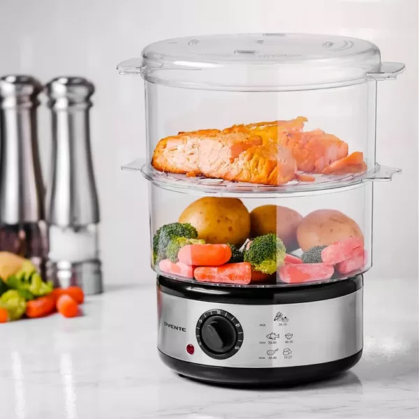 Ovente 20-Cup Silver 2-Tier Food Steamer with Stainless Steel Base and Plastic Containers