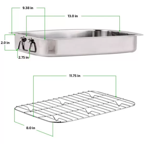 Ovente 13 in. x 9.3 in. Dishwasher-Safe Stainless Steel Roasting Pan with Wire Rack and Handles