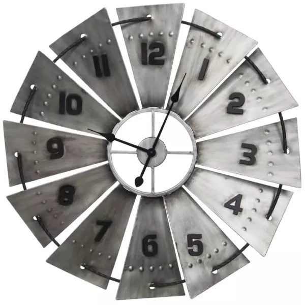 Pinnacle Windmill Galvanized Metal Silver Wall Clock