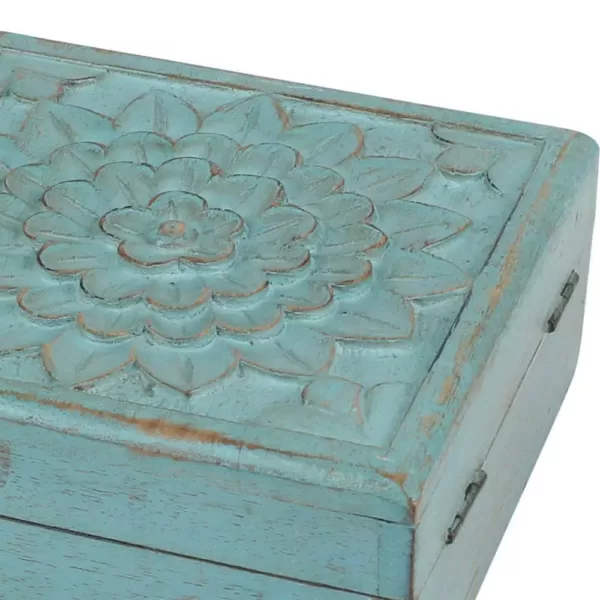 Stonebriar Collection 6 in. x 2.5 in. Weathered Sky Blue Wooden Box with Hinges and Carved Floral Design