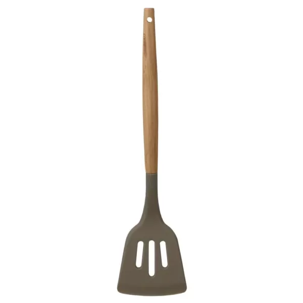 Home Basics Karina Grey High-Heat Resistance Non-Stick Safe Silicone Slotted Spatula with Easy Grip Beech Wood Handle