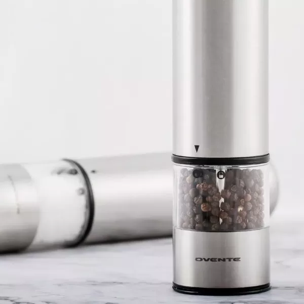 Ovente Stainless Steel with Ceramic Blades Electric Salt and Pepper Grinder Set, 6 AAA Battery Operated