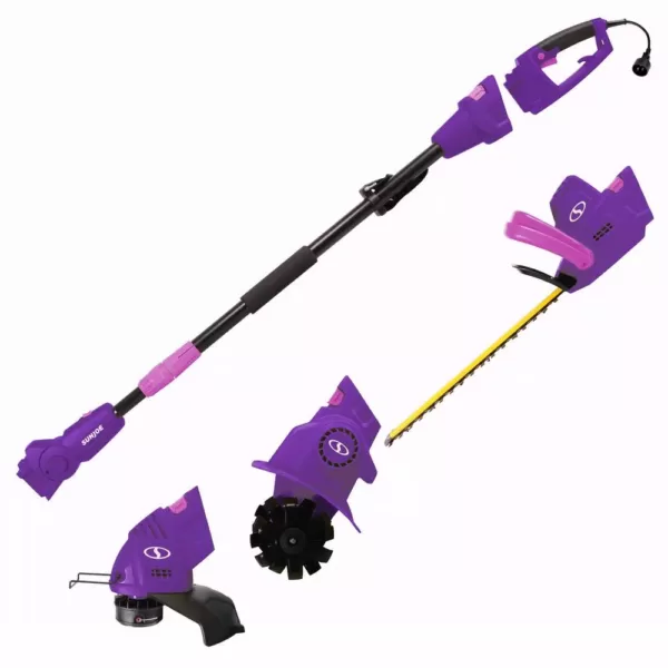 Sun Joe 4.5 Amp Electric Lawn Care System with Pole Hedge Trimmer, Grass Trimmer, Garden Tiller in Purple (Factory Refurbished)