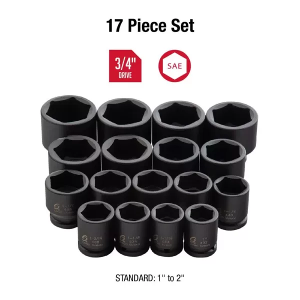 SUNEX TOOLS 3/4 in. Drive Heavy-Duty SAE Impact Socket Set (17-Piece)