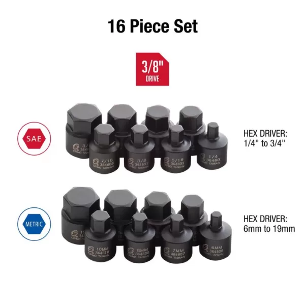 SUNEX TOOLS 3/8 in. Drive Stubby Impact Hex Driver SAE and Metric Set (16-Piece)