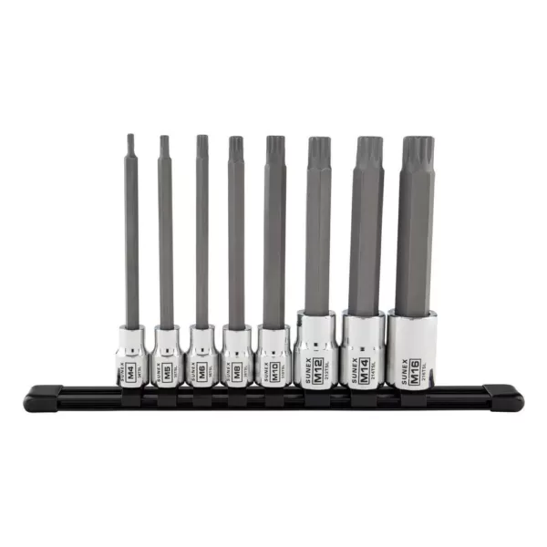 SUNEX TOOLS 3/8 in. and 1/2 in. Drive Chrome Long Triple Square Bit Socket Set with Rail (8-Piece)