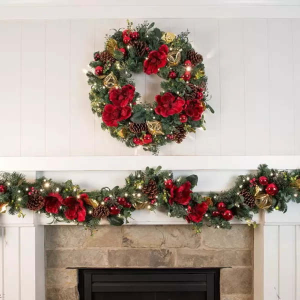 Village Lighting Company 9 ft. Pre-Lit LED Red Magnolia Garland