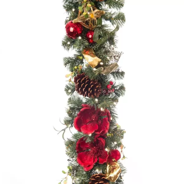 Village Lighting Company 9 ft. Pre-Lit LED Red Magnolia Garland