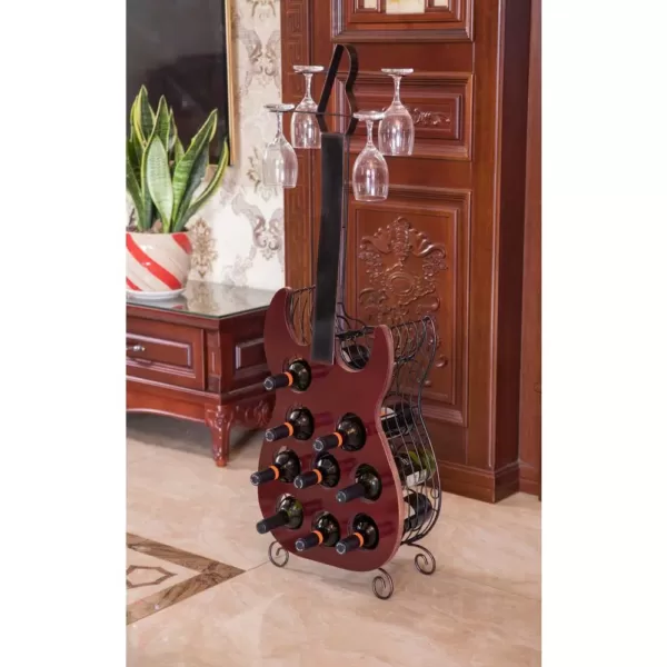 Vintiquewise Vintage Wood and Metal Guitar Shaped 9-Bottle Freestanding Decorative Wine Holder