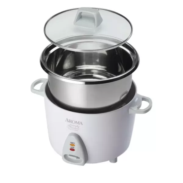 AROMA Simply 6-Cup Stainless Steel White Rice Cooker with Measuring Cup and Serving Spatula