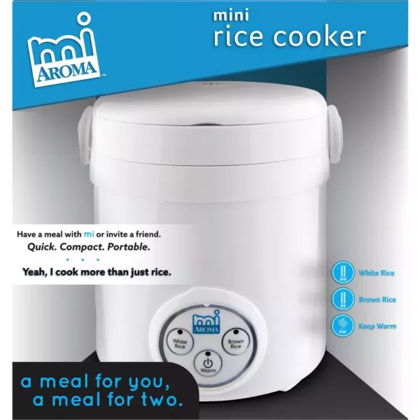 AROMA 3-Cup White Mini Rice Cooker with Non-Stick Cooking Pot