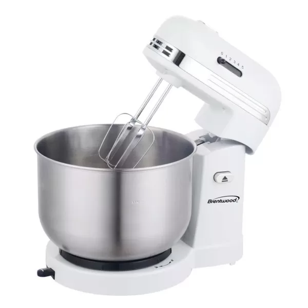 Brentwood Appliances 3 Qt. 5-Speed White with Stainless Steel Mixing Bowl Stand Mixer