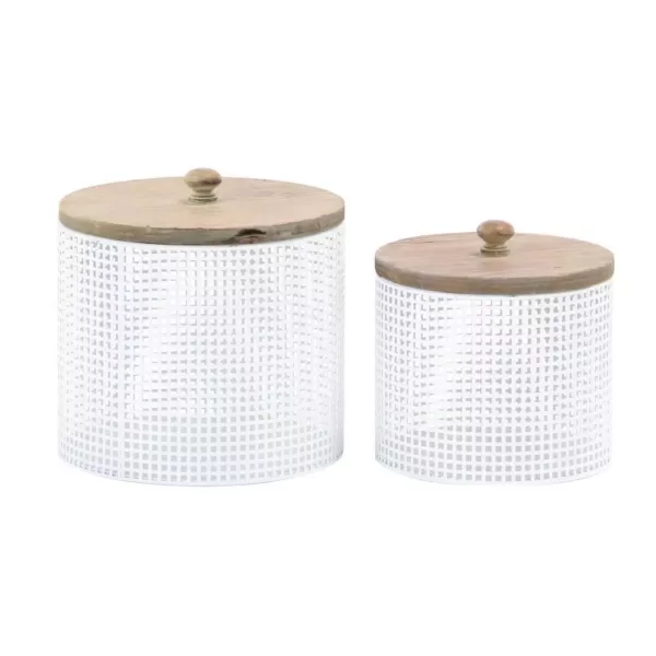 LITTON LANE White Iron Mesh Round Canisters with Wooden Lid (Set of 2)