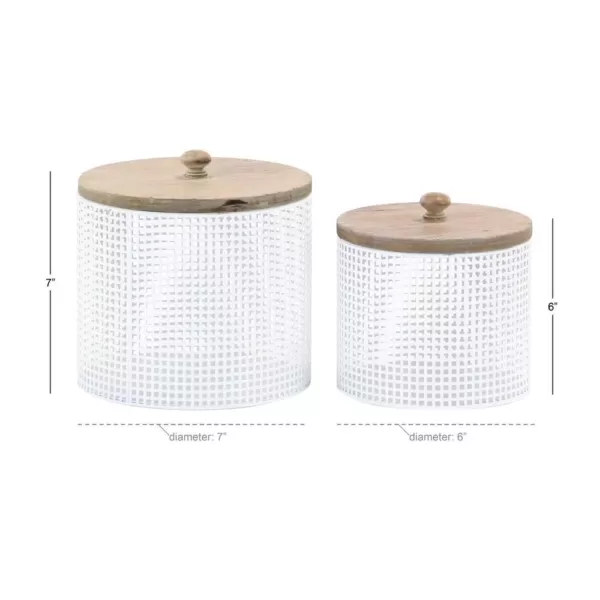 LITTON LANE White Iron Mesh Round Canisters with Wooden Lid (Set of 2)