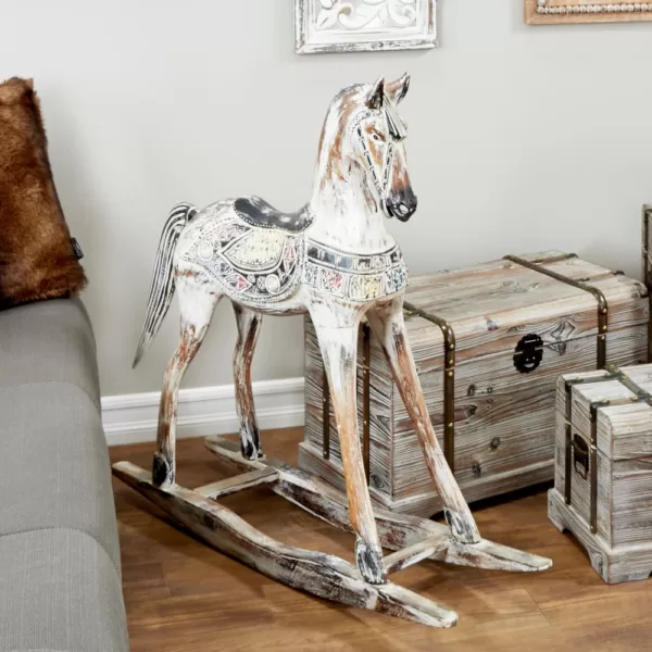 LITTON LANE Handmade Vintage Beige and Black Wooden Rocking Horse with Ornamental Red and Yellow Saddle