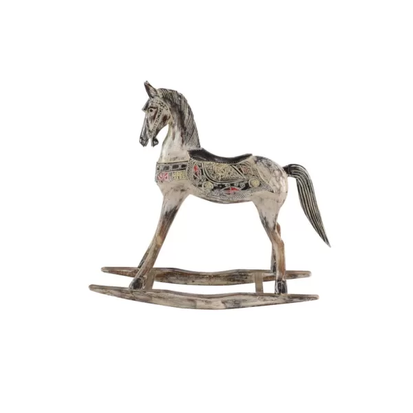 LITTON LANE Handmade Vintage Beige and Black Wooden Rocking Horse with Ornamental Red and Yellow Saddle