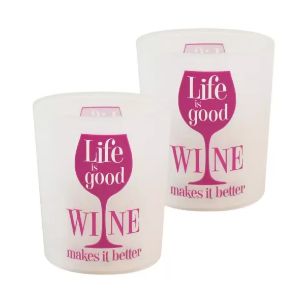 LUMABASE Battery Operated Wax Filled Glass LED Candles - Life is Good, Wine Makes it Better (Set of 2)