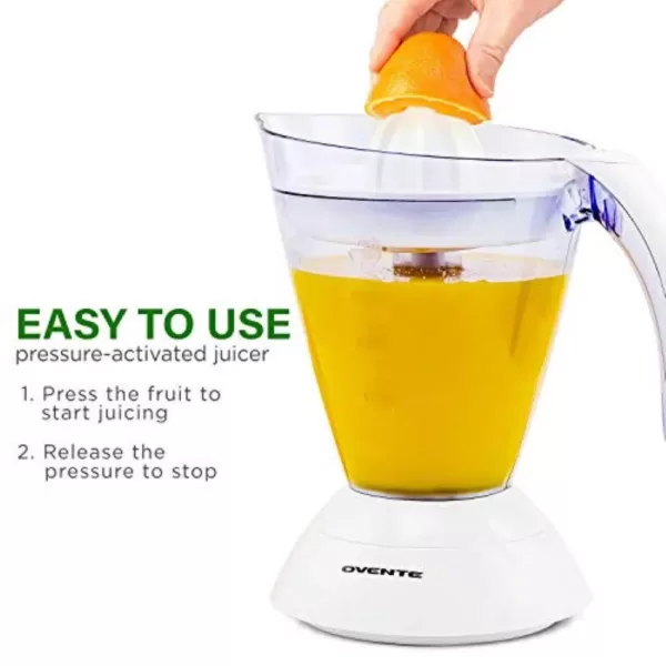 Ovente 25-Watts 34 oz. Capacity White Electric Citrus Juicer 2 Auto-Reversing Cones Pressure