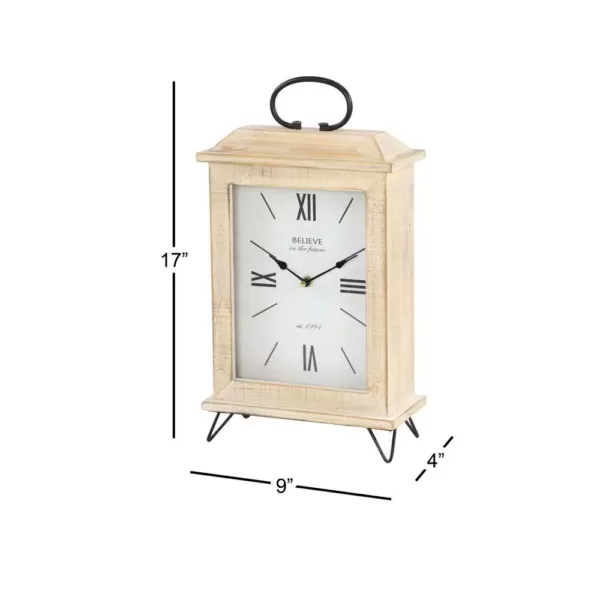 LITTON LANE Farmhouse Rectangular Whitewashed Beige Wooden Table Clock