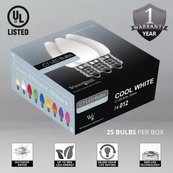 Wintergreen Lighting OptiCore C7 LED Cool White Smooth/Opaque Christmas Light Bulbs (25-Pack)