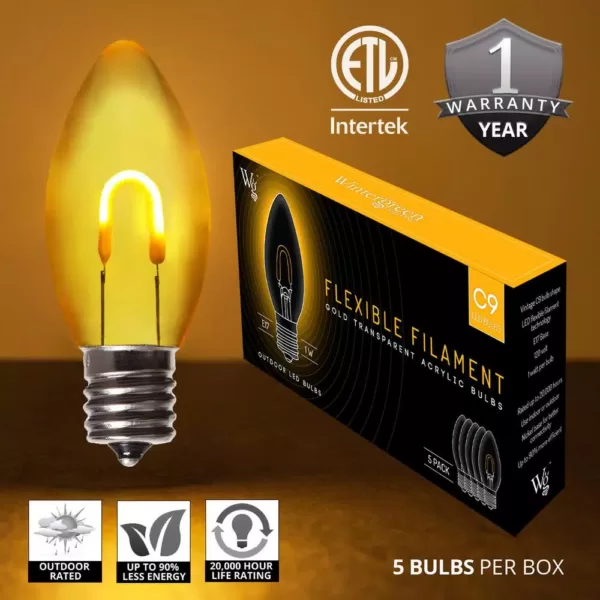 Wintergreen Lighting FlexFilament C9 LED Shatterproof Gold Vintage Edison Christmas Light Bulbs (5-Pack)