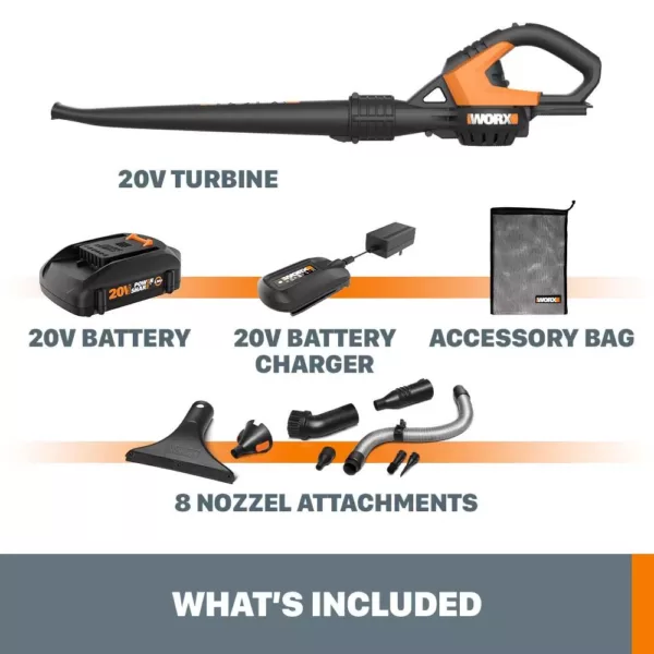 Worx POWER SHARE 20-Volt 120 MPH 80 CFM Cordless Battery Leaf Blower / Sweeper (2Ah Battery, Charger & Accessories Included)